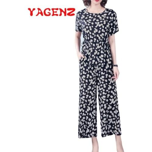 YAGENZ Suit Woman Fashion Summer Two Piece Sets Women Short sleeve Belt Tops And Cropped pant Printed Plus size 2 Piece Sets 788