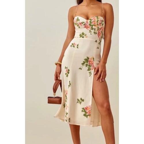 2021 Summer women Tube Top Sundresses Sling Knee Dresses Lace-up floral Vestido elegance temperament Side split Retro Midi Dress