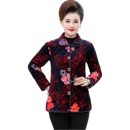 Elderly Women Winter Jacket 2020 New Short Thick Warm Female Parkas Coat Plus Size 5XL Printing Fleece Cotton Padded Jacket A163
