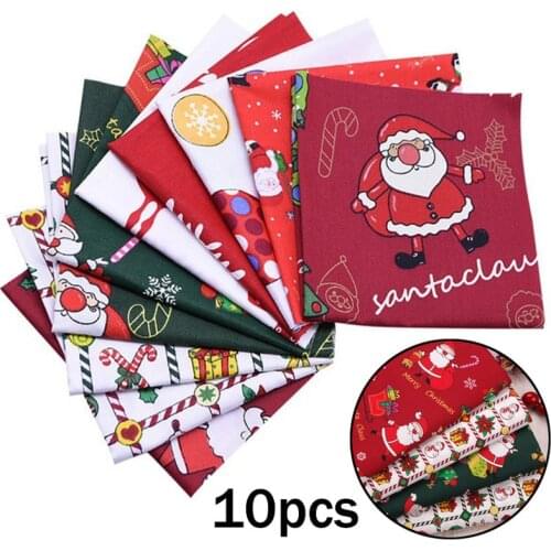10pcs Christmas Decoration Cloth Red Santa Claus Snowman Printed Cotton Cloth Fabric for DIY Sewing Patchwork Needlework 25x25cm