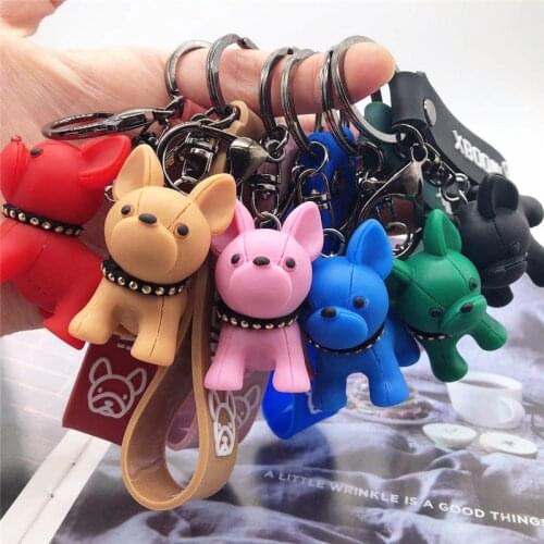 Creative Cartoon Bulldog Keychain PU Leather Dog Keychains for Women Bag Pendant Car Wallet Handbag Key Ring Holder Accessory
