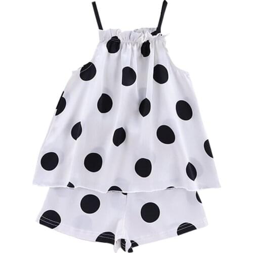 Baby Pajamas Set New Kids Girls Wave Point Pattern Sling Outfits Set Short Sleeve Blouse Tops+Shorts Sleepwear 2pcs