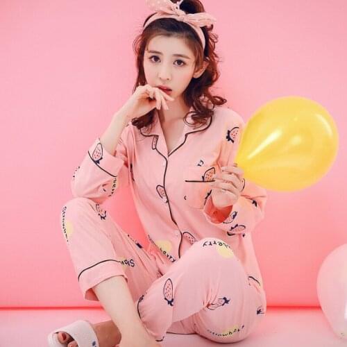 H5691 Korean Women Pajamas Spring Autumn Long Sleeve Nightwear Ladies Cartoon Loose Lapel Sleepwear Girls Sweet Home Wear Suit
