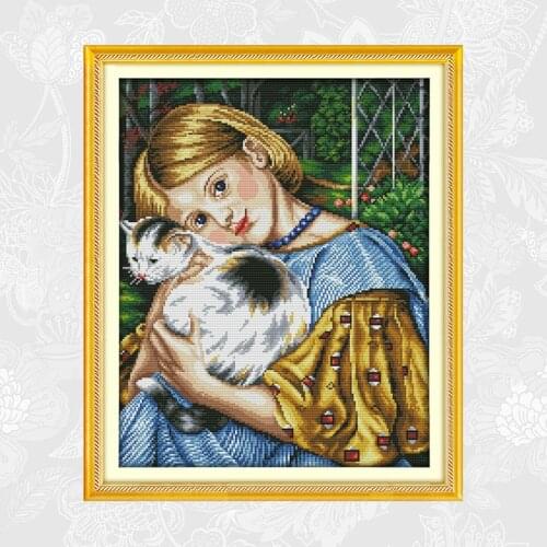 Joy sunday Girl and Cat Aida Cross-stitch Printed on Canvas 14CT 11CT DIY Handwork Cross Stitch kit Embroidery Needlework