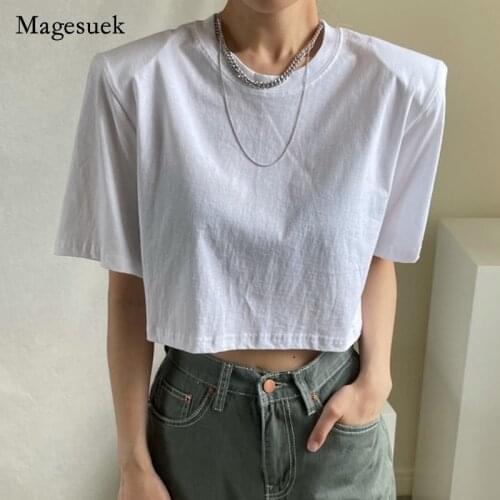 2021 Simple Summer Women Short T-shirt Solid Cotton with Shoulder Pad O-neck T-shirts for Women Casual Loose T-shirt Blusa 14841