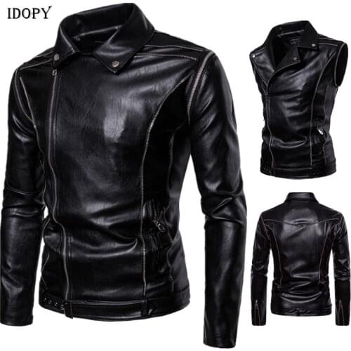 Idopy Faux Leather Jacket Men Multi Zippers Motorcycle Biker PU Soft Punk Bomber Coat With Detachable Sleeves