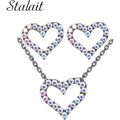 Love Micropave Setting Cubic Zirconia Geometric Heart Pendant Necklace Crystal Circle Stud Earrings Jewellery Sets for Women