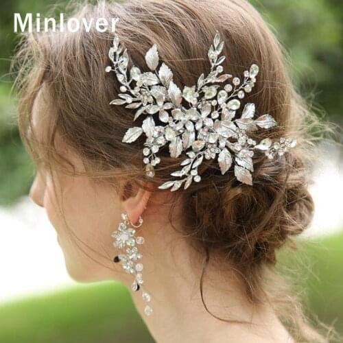 Minlover Crystal Hair Combs & Clip Earrings Set Hair Ornaments Flower Leaf Handmade Wedding Bridal Hair Accessories FS169+EH1346