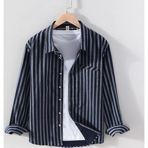 Long Sleeve Striped Shirt for Men Pure Cotton Turn-down Collar Casual Tops Male Daily Button Up Vintage Clothing