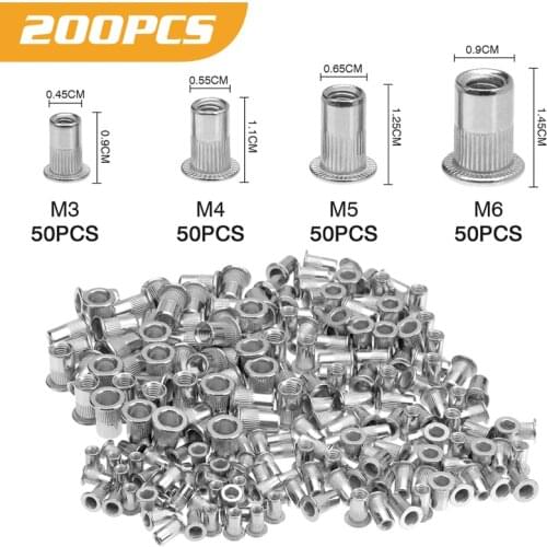 200Pcs Rivet Nut Set 304 Stainless Steel Flat Head Threaded Rivet Insert Nutsert Cap Rivet Nut M3 M4 M5 M6 Assortment Kit