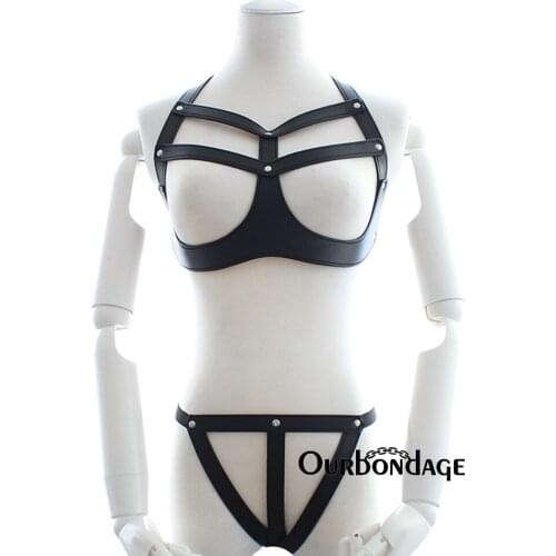 Ourbondage Women Gem Cos PU Leather Harness Belt Fetish Around Shoulder with Triple Strap Belt Pants Suit For Women Sex Toys