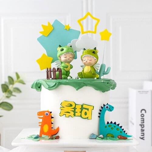 Cake Topper Baking Cake Decoration Cute Child Green Resin Dinosaur Baby Doll Boy Happy Birthday Cake Plugin Theme Party Dress Up