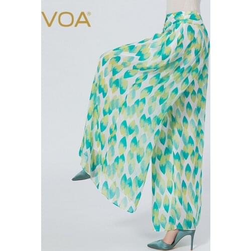 VOA Silk Georgette Autumn Leaves Hitting Material Stitching Pleated Wild Breathable Fashion Loose Wide-leg Culottes Pants KE588