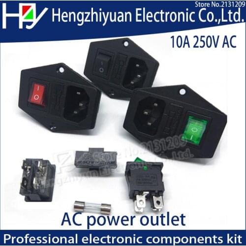 Hzy High Quality Black Red 10A AC 250V Terminal Power Socket With Fuse Holder Rocker Switch Power Outlet Cord Inlet Plug Socket