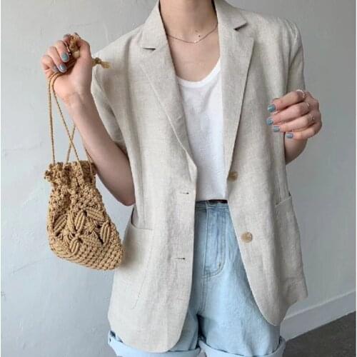 Korean Fashion Minimalism Womne Black Casual Linen Blazer New Notched Short Sleeve Loose Fit Jacket Coat Tide Spring Summer 2021