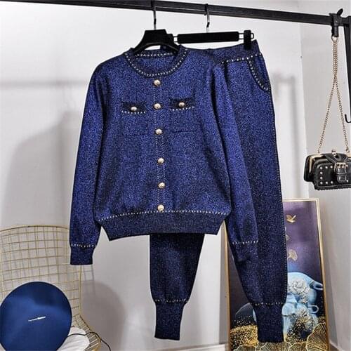 Navy Knitted Tracksuit Women Loose Knitting Suit Bright silk Pullover Sweater Pencil Pants Set Female Sports Two Piece Outfits