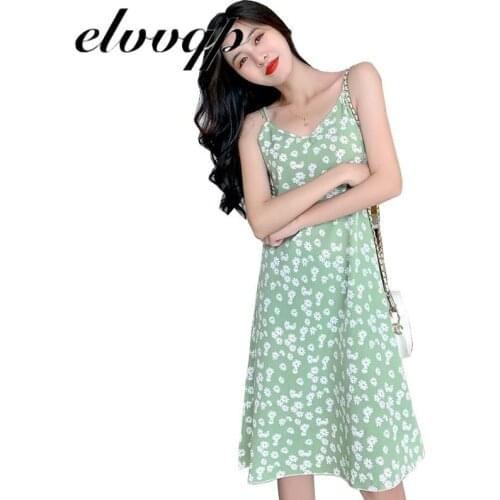 New Casual Chic Floral Print Sling Knee-length Dress Women Fashion V-neck Dress Summer Sexy Backless Ladies Sandy Beach Dresses