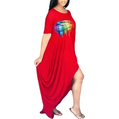Sext Colorful Lip Print Maxi Dress for Women Casual Round Neck Short Sleeve Summer High Low Dress AM0709