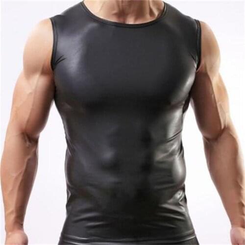 2019 Black Color Men Sexy Vest Faux Leather Solid Male Tank Tops Underwear Slim Wear Size M L XL Wholesale