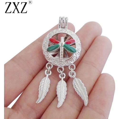 ZXZ 2pcs Enamel Dragonfly Shape Locket Pearl Cage Pendant Essential Oil Diffuser Charm For Necklace Findings