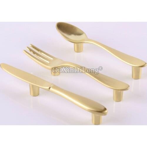 HOT 10PCS Gold Spoon / Fork / Knife Cabinet Pulls Handles Cupboard Wardrobe Kitchen Cabinet Handles Creative Furniture Hardware