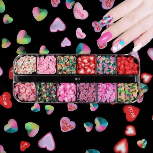 12 Grids Sweet Love Heart Polymer Clay Slice Slimes 3D Flakes For Valentines Design Nail Sequins Nail Art Decorations Manicure