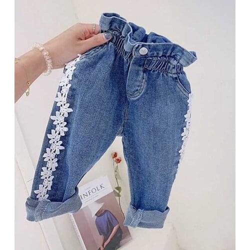 Childrens High Waist Jeans Spring Autumn New Girls Lace Casual Loose Jeans Pants Kids Korean Style Denim Trousers For Baby Girl