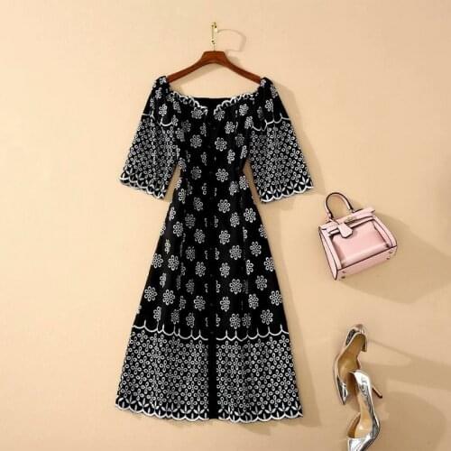 And American womens European wear 2021 summer new style Five-point sleeve square neck Flower-embroidered fashion dresses