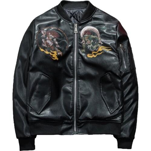 Faux Leather Coats embroidery Harajuku Japan Male Bomber Jacket Thick warm Stand Collar Casual Windbreaker Streetwear Outwear