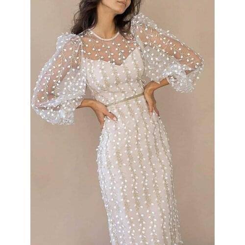Charming Lace Womens Party Dress Elegant Long Sleeves O-Neck Dresses for Women Summer Mesh Formal Mid Dress Girls