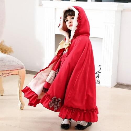 2y-10y Original Boutique Winter Girls' Overcoat Lolita Warm Long Plush Lining Vintage Sweet Princess Christmas Cloak