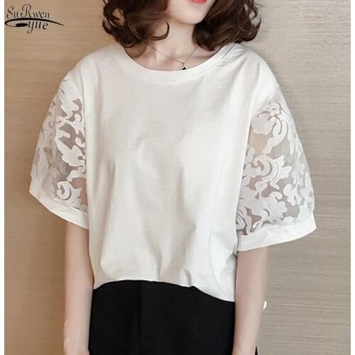 Plus Size Womens Top Sweet Hollow Mesh Stitching T-shirt Female Short Sleeve Loose Korean Solid Color Bottoming Shirt Top 14059