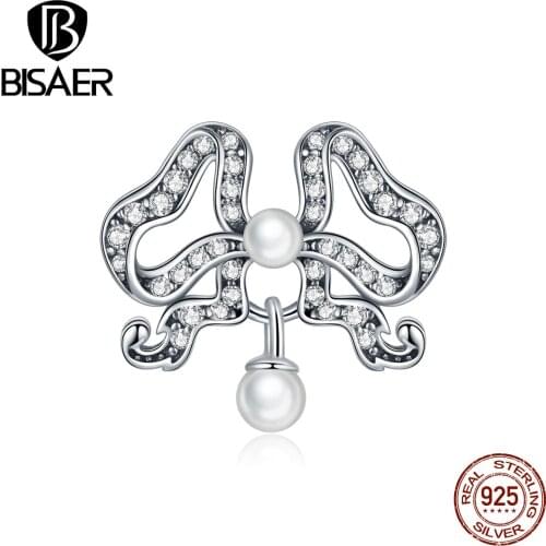 Bisaer Romantic bow Beads 925 Sterling Silver Enamel Charm Fit Original DIY Bracelet Pendant Silver 925 Jewelry Making ECC1785