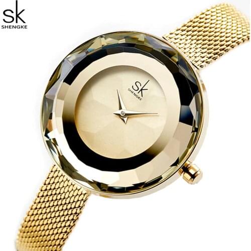 Shengke Luxury Ladies Watches Prism Dial Side Hardlex Steel Mesh Quartz Water and Shock Resistant Women WristWatches K0100