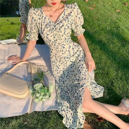 Chiffon Floral Breast-Feeding Dress Bubble Sleeves Slim Waist Summer Short Sleeve Elegant Pregnant Dress Maternity Clothes gown