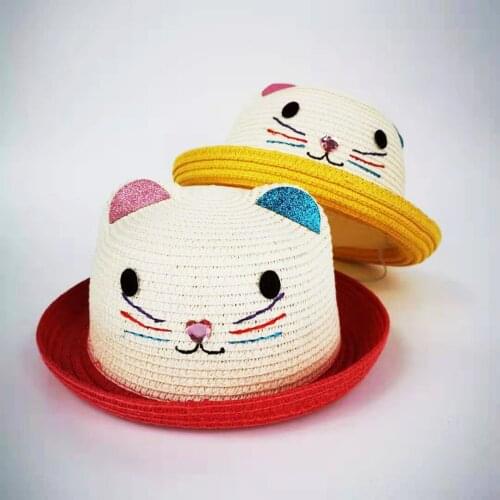 Baby kitty Child Girls Straw hat Bowknot Sun Hat Kids cute Brim Beach Summer Boater Beach Round Flat Top fedora hat