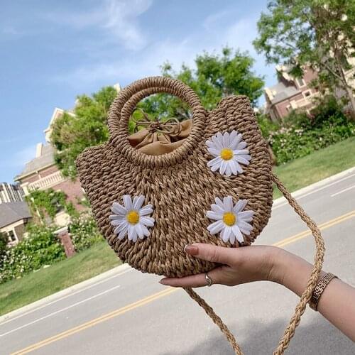 Straw Crossbody Bags for Women Cute Daisy Straw Handbags Female Beach Small Tote Messenger Bag Drawstring Weave Shoulder Bag Sac