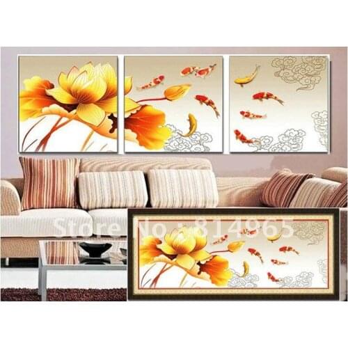 Embroidery 3 Sets (1 lot=3 Sets) Classical Triptych Nine Fish Yellow Lotus Flower Water Cross Stitch 5-15Business Days