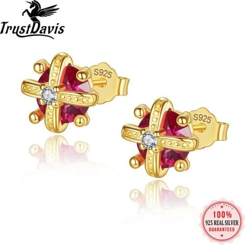 TrustDavis Real 925 Sterling Silver Crown Stud Earrings Women Red Zircon Right Staff Noble Elegant Wedding Jewelry L076