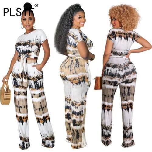 2021 Women O Neck Print Sexy Long Pant Set Summer Slim 2 Pieces Crop Top And Long Pant Suits