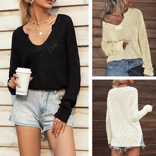 WomenS Solid Color V-Neck Knitted Sweater Fashion Casual Long Sleeve Knitted Top Loose Layout Sexy Off Shoulder Sweater Top