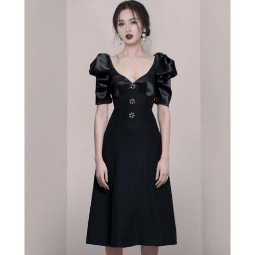 2021 Summer New Black Women High Quality Elegant Vestidos Puff Sleeve V Neck Office Slim A-Line Diamond Buttons Midi Dresses
