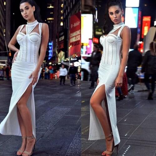 2020 Winter Elegent Women White Black Studded Choker Side Split Dress Diamonds Celebrity Evening Party Beading Maxi Dress