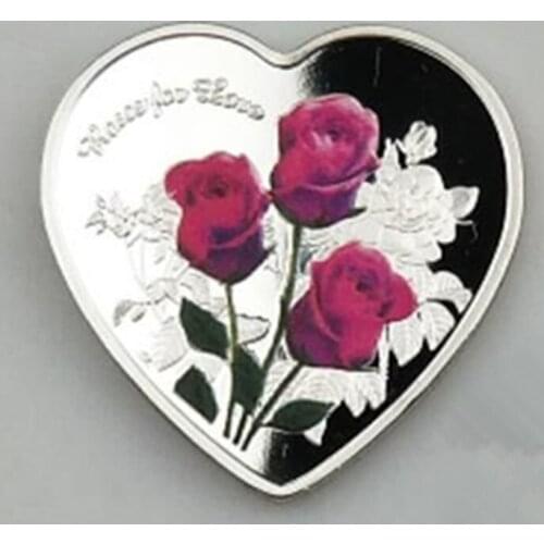 100 pcs Non magnetic Forever love heart shaped coins red rose silver plated colored badge 40 mm souvenir commemorative coin