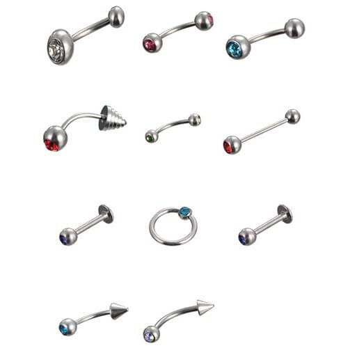 11pcs mix styles surgical steel body piercing jewelry crystal stone nipple tongue belly button eyebrow labret lip rings