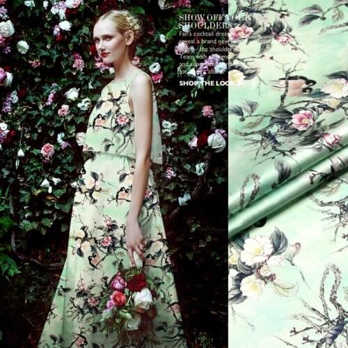 118cm wide 93% silk & 7% spandex 19mm pink flower print light green silk satin fabric for dress shirt clothes