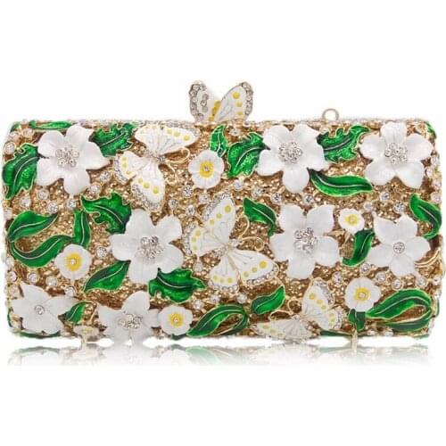 White Floral Women Evening Clutch Bags Gold Metal Lady Handbags Hollow Out Party Purse Shoulder Bag Female Mini Minaudiere Bags