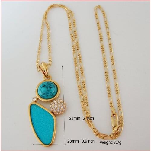 Foromance - YELLOW GOLD COLOR GP 24" FIGARO NECKLACE & MUM MOM HUG BABY CZ SIMULATED TURUOISE STONE PENDANT