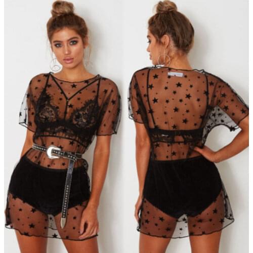 Sexy Mesh See Through T-shirt Women Short Sleeve Stars Printed Cover Up Long T Shirt Beachwear Sarong T-Shirt