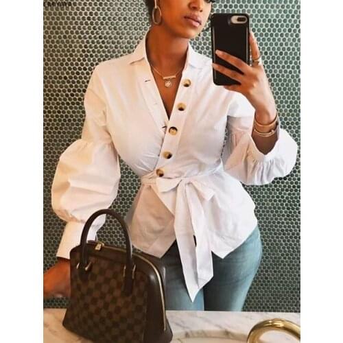 GL Women Autumn Winter Blouses Shirts V-Neck Full Lantern sleeve sexy Sashes Buttons Vintage Long blouses shirts Top tops T1